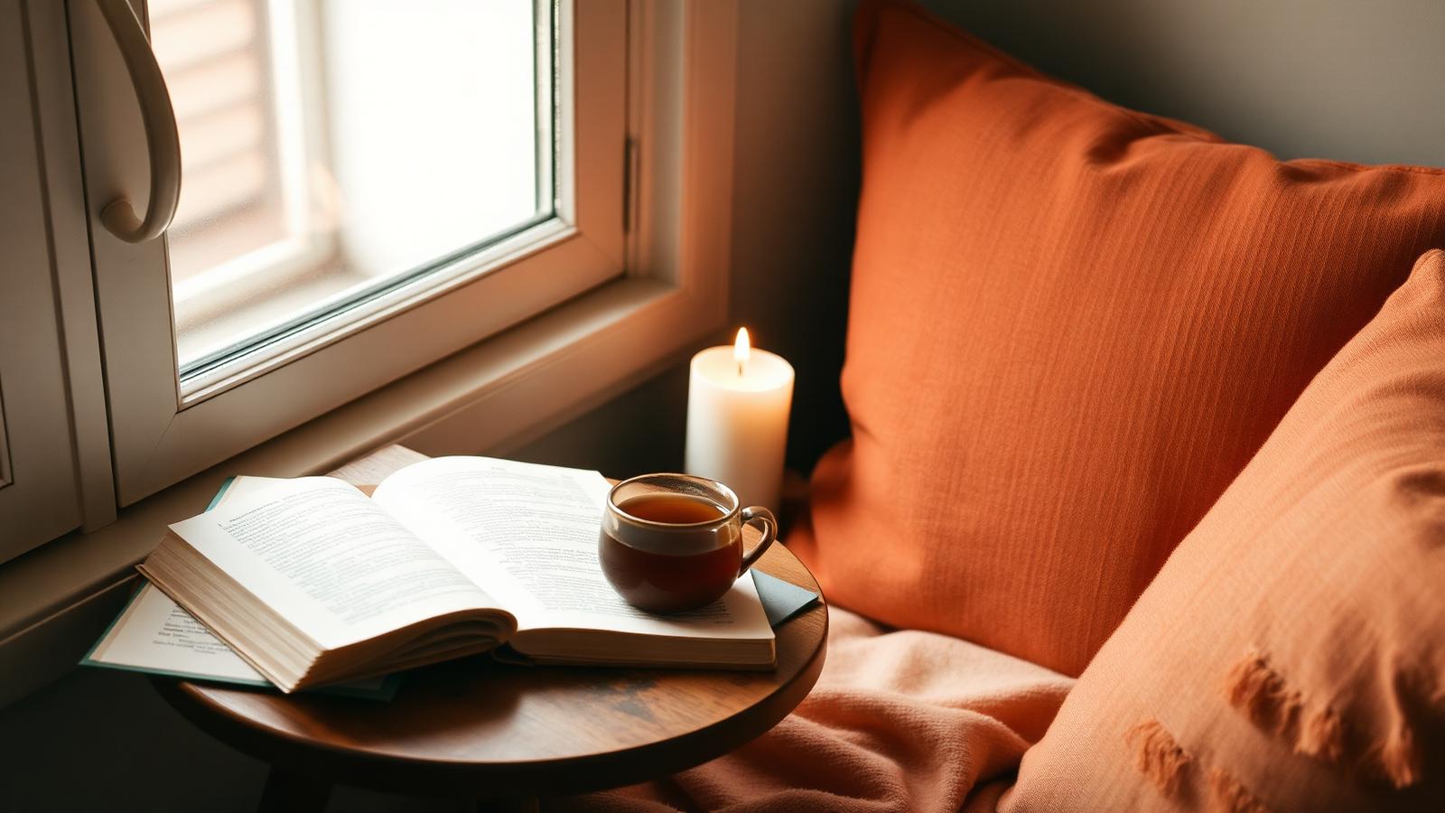 Buch und Tee am Fenster